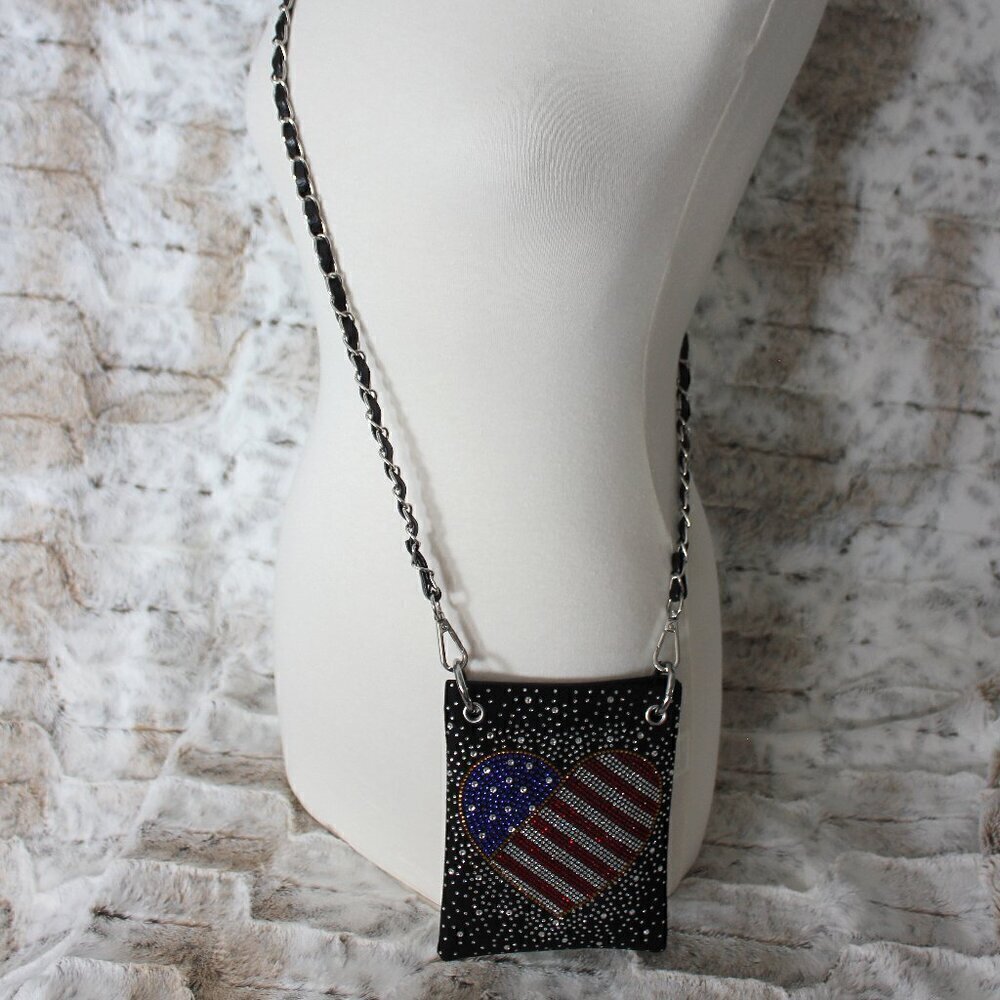Patriotic Red White Blue Rhinestone Bling Black Hobo Crossbody Mini Phone Bag - Picture 11 of 14